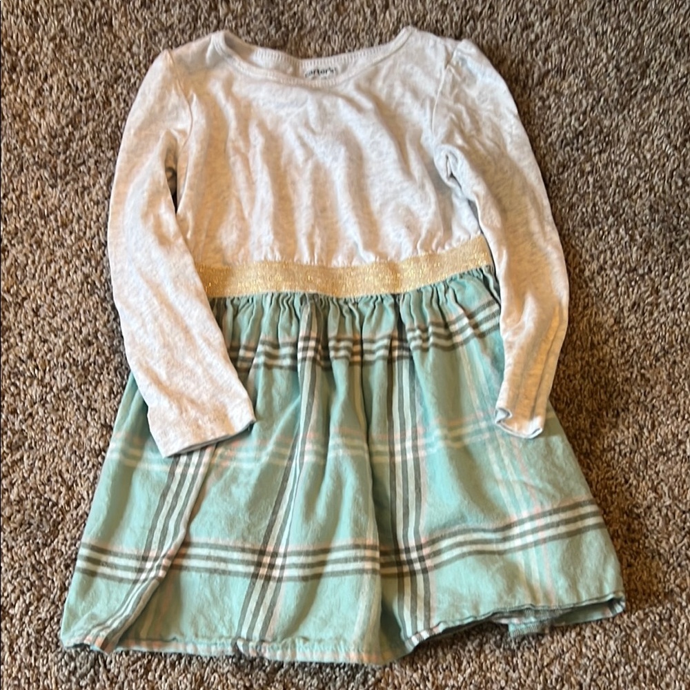 White and Green Plaid Dress with Gold Accent